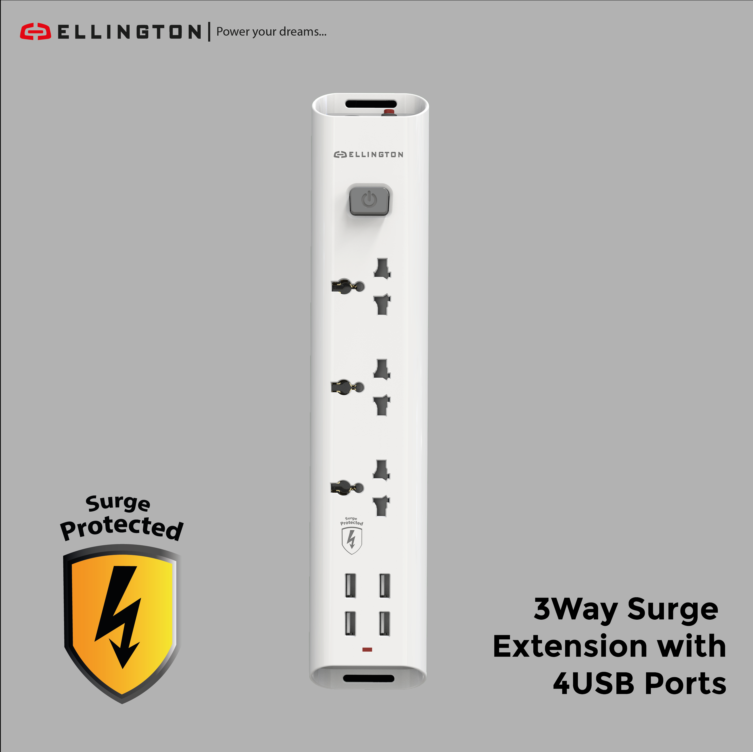 Ellington 3 Way Surge Extension with 4 USB - Ellington Store